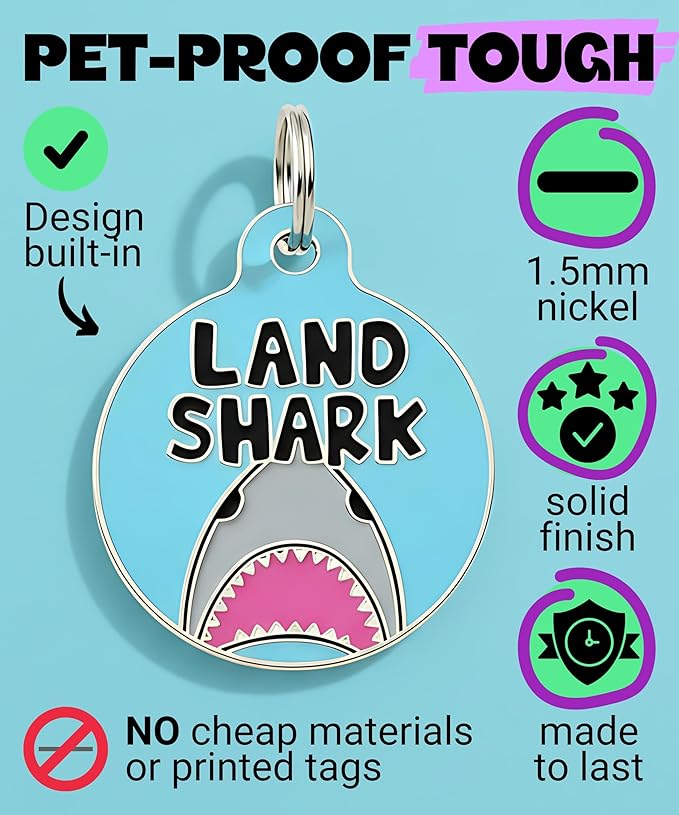Bad Tags Personalized Dog and Cat ID Tags in 25+ Designs and 2 Sizes - 5 Lines of Custom Engraved Text - Funny Cute Personalized Pet Tags (Land Shark, Large (1.25 inch))