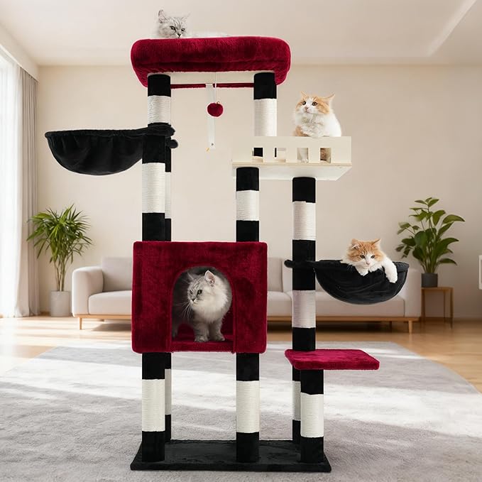 Cat Tree for Indoor Cats Large Adult, Heavy Duty Cat Tree for Large Cats 20 lbs+, Cat Condo with Big Wooden Perch, Cat Tower with 14 Scratching Posts, Hammock, Black GCT023BR