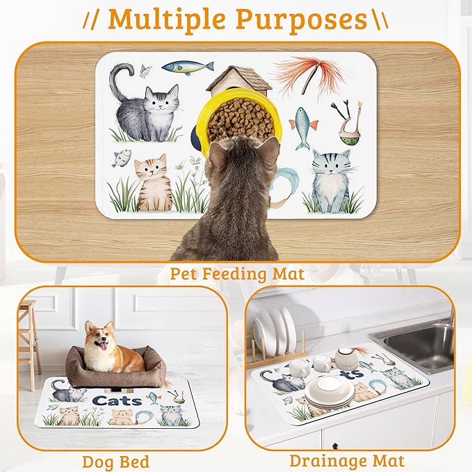 Cats Dog Food Mat,Cute Fun Absorbent Pet Feeding Mat for Food and Water Bowl,Quick Dry Dog Placemat Non Slip Rubber Backing Waterproof Pet Supplies 12" x 20"
