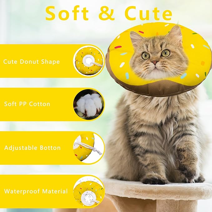Cat Cone Collar Soft, Adjustable Cat Recovery Collars Kitten Cones to Stop Licking, Cute Donut Collar After Surgery, Cats Neck Pillow Cone Elizabethan Cones of Shame (Waterproof Yellow, Medium)