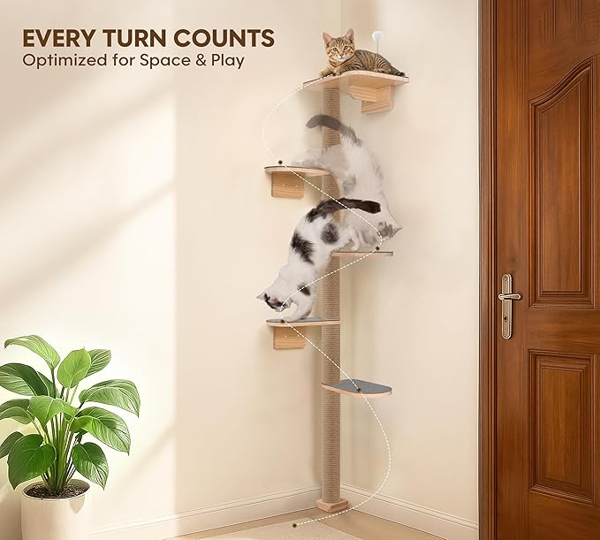 Floor to Ceiling Cat Tree for Kittens, 5-Tier Wall Mounted Cat Wall Shelves with Grey Felt Pads, Adjustable Wild Simulation Cat Tower, Natural Pine Wood Platforms for Climb, Scratch and Lookout