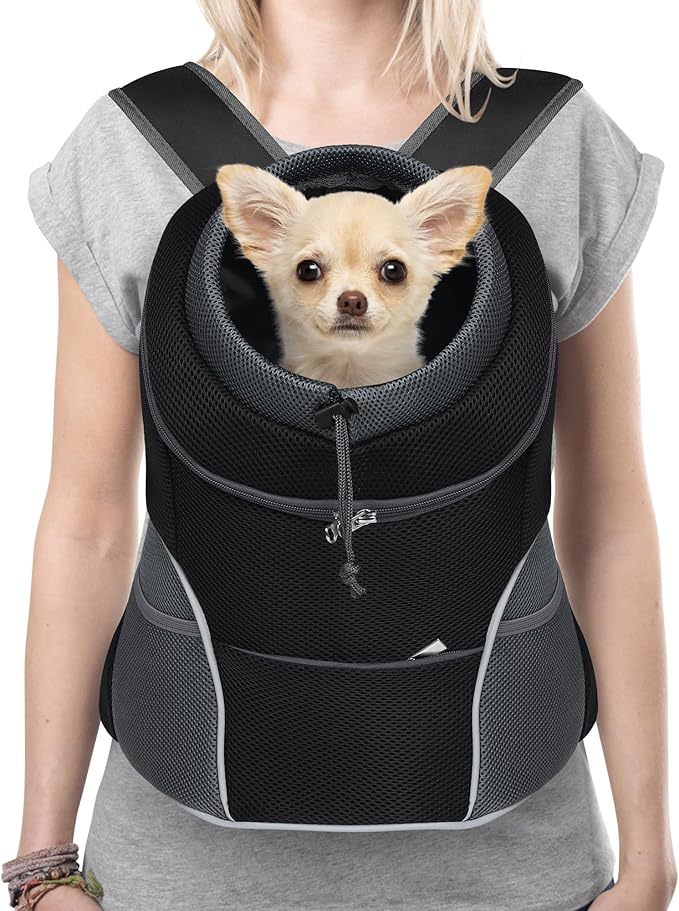 YUDODO Dog Front Carrier Backpack, Adjustable Breathable Pet Carrier for Small Dogs Cats, Ventilated Puppy Back Pack with Safety Belt, Lightweight Doggy Backpack for Hiking Outdoor (Black, L)