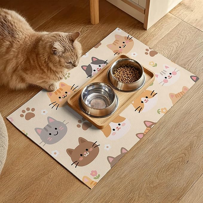 Cat Feeding Mat 24x16 inch Beige Kitten Print Pet Bowl Placemat Non Slip Floor Mat for Food and Water Indoor Kitty Feeding Station Cute Meal Pad for Small Pets Kitchen Use