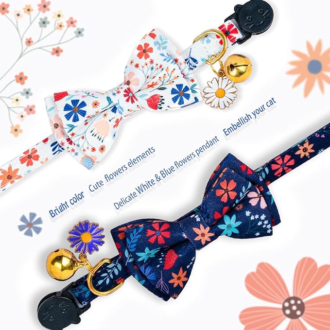 Flower Cat Collar Breakaway With Bow Tie Bell 2 Pack White & Blue Floral Pendant Cute Cat Collars Adjustable Safety Kitty Kitten Collars Soft Fancy Cat Collar for Female Girl Cats Male Boy Cats