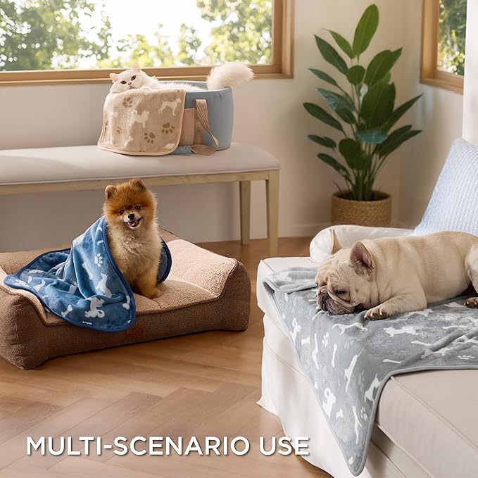 Bedsure 1 Pack 3 Pet Blankets, Super Soft Fluffy Premium Fleece Flannel Portable Throw Dog Blankets for Small Dogs, Printed Cat Puppy Blanket Grey/Brown/Blue Medium(30x40 inch)