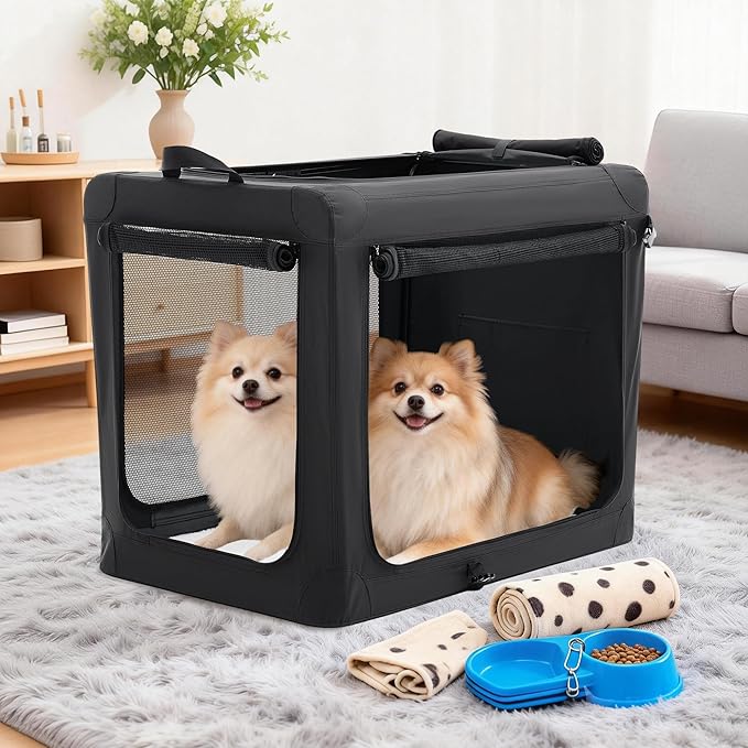 Dog Travel Crate 30 Inch, Portable Soft-Sided Travel Carriers for Dogs and Cats, Foldable Pet Kennel with 3-Doors Mesh Windows Indoor & Outdoor, Black