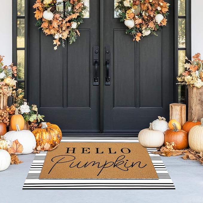 Tinideya 2 Pcs Door Mat Welcome Non Slip Coir Mats Floor Layering Doormats Seasonal for Front Porch Entryway Decor(Hello Pumpkin)