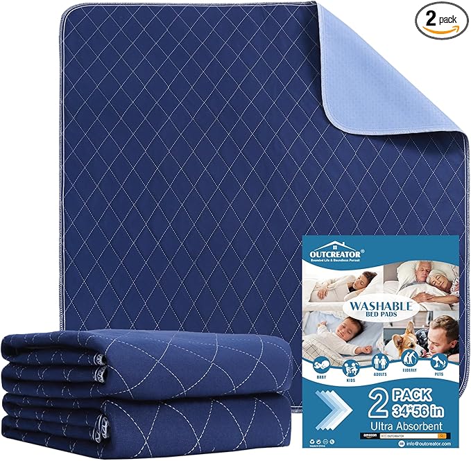 OUTCREATOR® Washable Bed Pads 34" x 56" (Pack of 2), Incontinence Mattress Protector, Anti-Slip Waterproof Underpads for Adults Kids Elderly Pets, Absorbency & Reusable Bedwetting Pads (Dark Blue)