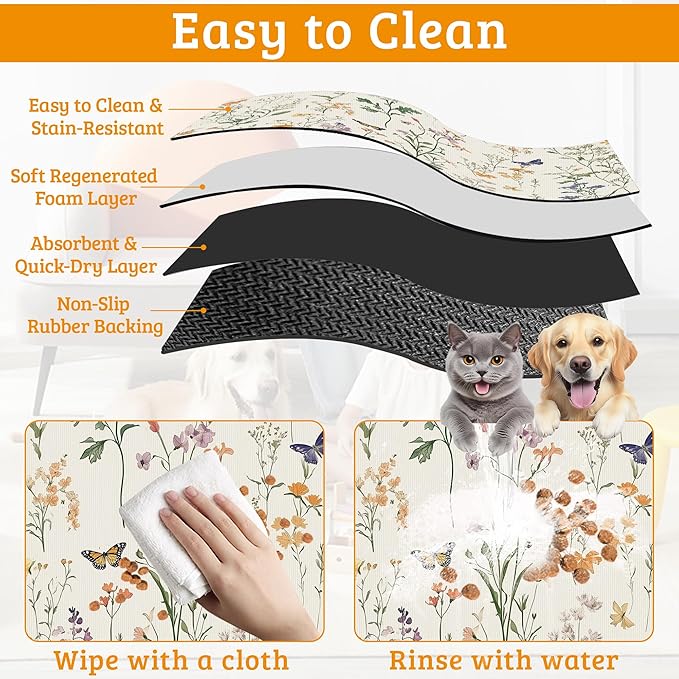 Wildflowers Butterfly Dog Cat Food Mat,Plants Absorbent Waterproof Placemat for Food and Water Non Slip Rubber Backing Durable Feeding Pad for Clean Floors 12" x 20"