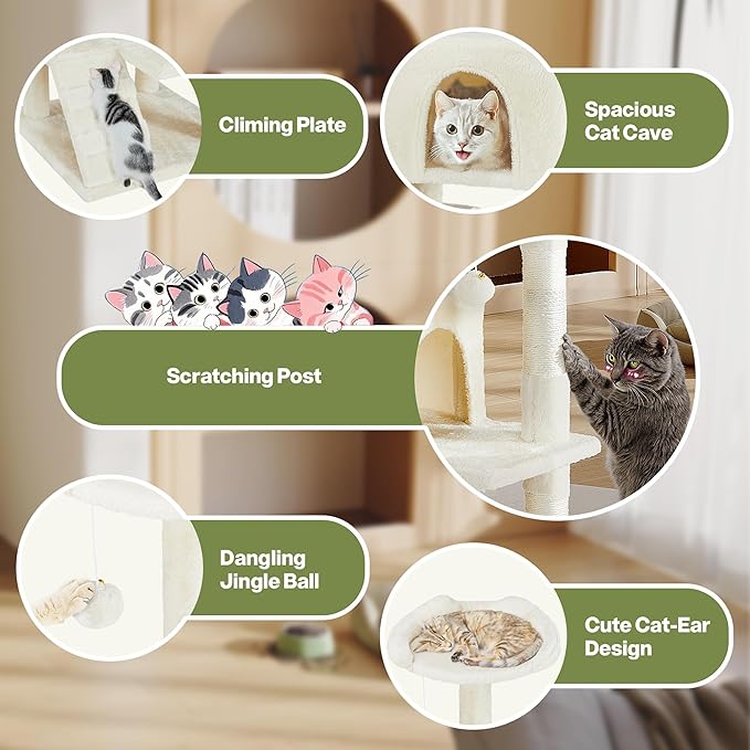 54 Inches Cat Tower Condo Furniture, Cat Tree Tower for Indoor Cats, Cozy Hammock and Sisal Scratching Posts, Multi-Level Durable Cat Scratch Post for Kittens Pet House Play, Detachable, Beige