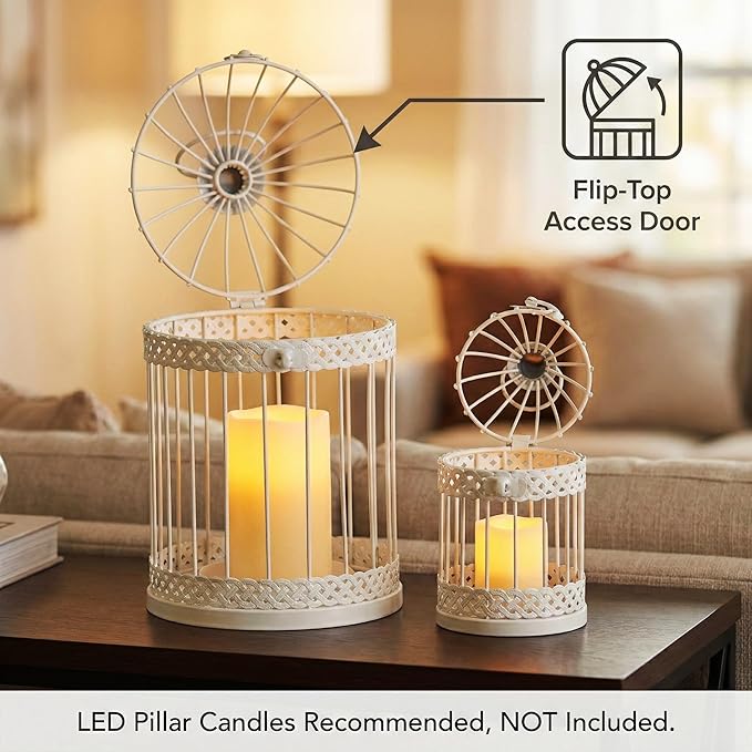 Vela Lanterns Bird Cage Decor Candle Holder Lantern Decorative Wedding Table Centerpiece Decorations, 10" and 6" Tall, White, Set of 2