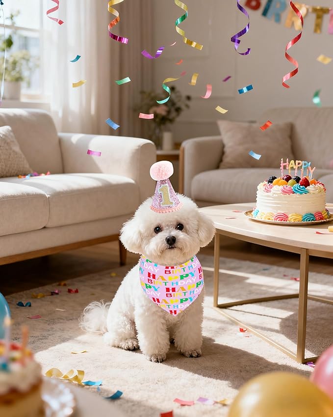PET SHOW Small Dog Birthday Party Hat for Pets 1-Year-Old Birthday Party Cat Kitten Headband Hats Grooming Accessories Pink Set