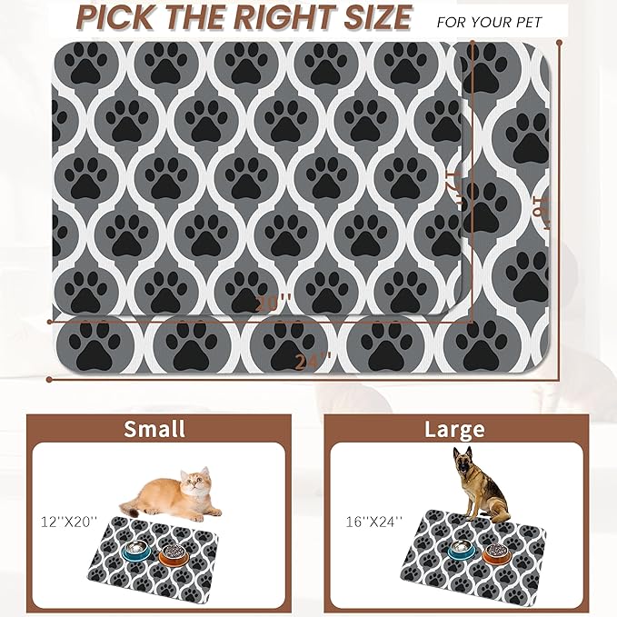 Gray Paw Print Geometric Dog Cat Food Mat,Absorbent Pet Feeding Mat for Food and Water,Non-Slip Dog Bowl Mats Floor Protector 12"x20"