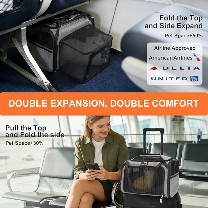 Top and Side Expandable Pet Carriers, 16x11x11 Airline Approved Soft-Sided Cat Carrier for Small Dogs and Cats, in-Cabin Travel Carrier with Anti-Scratch Mesh, Grey