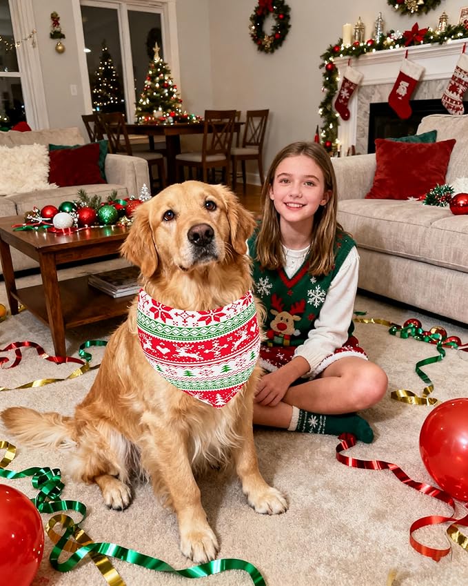 PET SHOW 50 Pack Christmas Big Dog Bandanas Bulk XL Washable Happy New Year Triangle Bibs for Medium Large Dogs Girl Boy Xmas Kerchief Set Pet Scarves Holiday Grooming Accessories