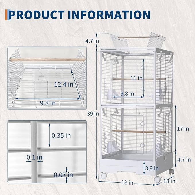 GarveeHome Small Bird Cage with Wheels, Parakeet Cage, Bird Carrier for Parakeets, Canaries, Lovebirds, Small Quaker, Cockatiels, Budgie, Green Cheek (44in)