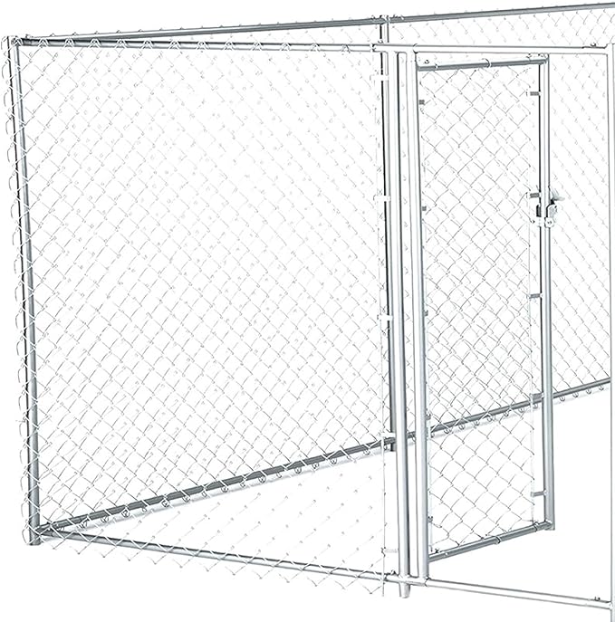 Lucky Dog Heavy Duty Outdoor Galvanized Chain Link Dog Kennel Enclosure with Latching Door, 1.5 Inch Raised Legs, and Adjustable Configuration, Silver