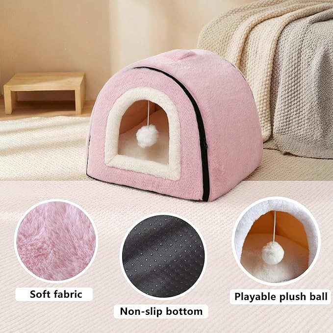 Cat Bed for Indoor Cats，Foldable cat cave，Anti-Slip & Water-Resistant Bottom，cat Houses for Indoor Cats or Small Dogs, Kitten Tent, Rabbit Bed (Pink, L:(17.5"×16.9"×15.9"))