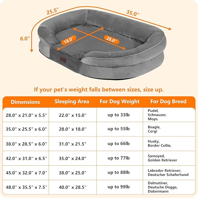 Dwanton Orthopedic Dog Bed for Medium Dogs with Gel Memory Foam, Waterproof Dog Sofa, Washable Pet Bed with Four Sided Bolster Cushion, Removable Cover & Non-Slip Bottom, 35", Medium Gray