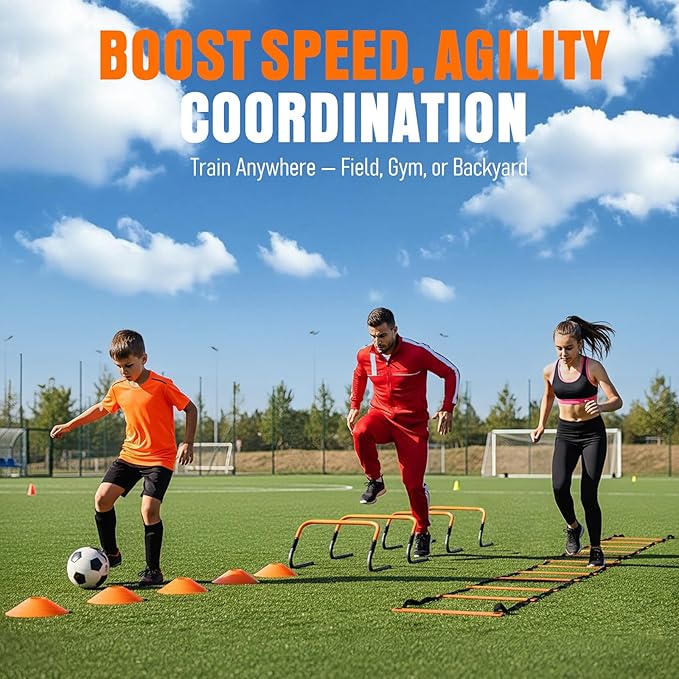 Agility Ladder, Soccer Football Training Equipment Set - 20ft Speed Ladder, 4 Hurdles,Parachute, 12 Cones & Jump Rope | Agility & Speed Training for Kids Youth Adults,Basketball & Football Accessories