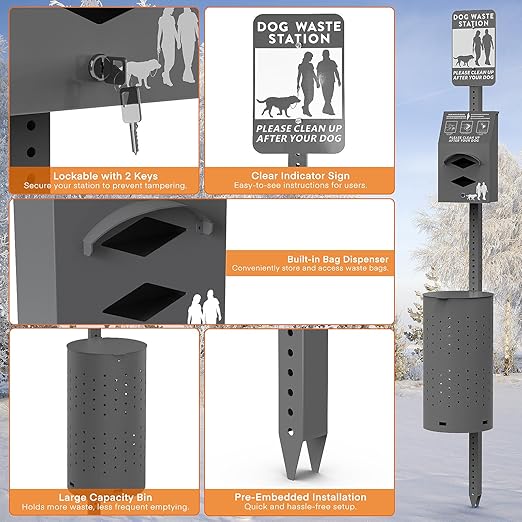 Dog Waste Station Outdoor, Pet Waste Disposal Station Rustproof Aluminum with 10 Gallon Trash Can, 600 Dog Poop Bags & 50 Liners for Parks, Trails, HOA Communities (Black)