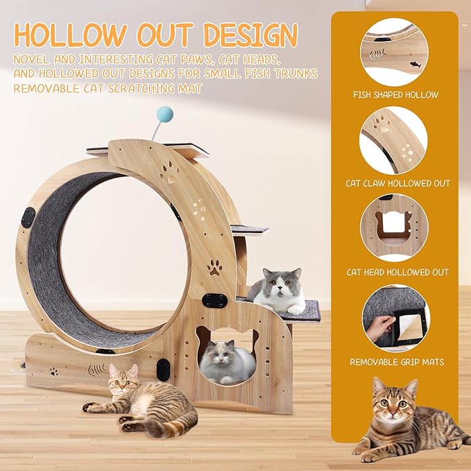 6-in-1 Cat Exercise Wheel - Quiet Wood Cat Treadmill with Cat House, Tree & Feeding Bowls - Sturdy Indoor Cat Activity Center for Running & Play - Large Cat Furniture with Scratching Pad