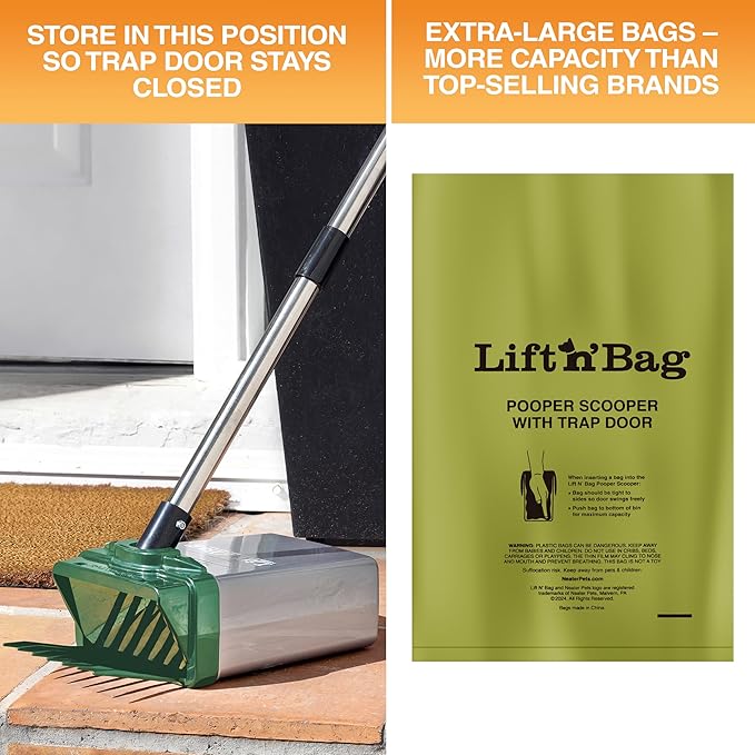 Neater Pet Brands Lift N’ Bag 2.0 Dog Pooper Scooper with Bag Attachment & 22" Pole for Small to Large Dogs, New & Improved Design, 15 Refill Bags, Heavy Duty Dog Poop Scooper for Yard, One-Hand Use