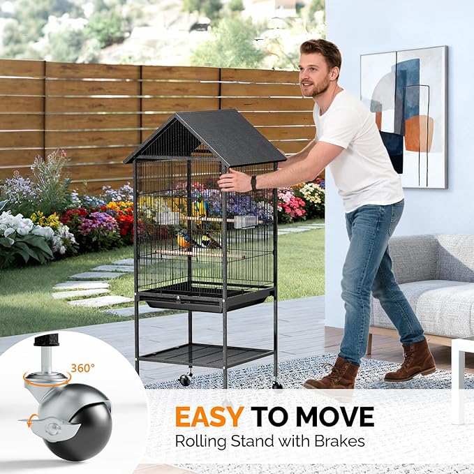 VINGLI Bird Cage with Rolling Stand for Parrots, Cockatiels, Budgies, Lovebirds, Small/Medium Birds (50" H with Spire Roof)