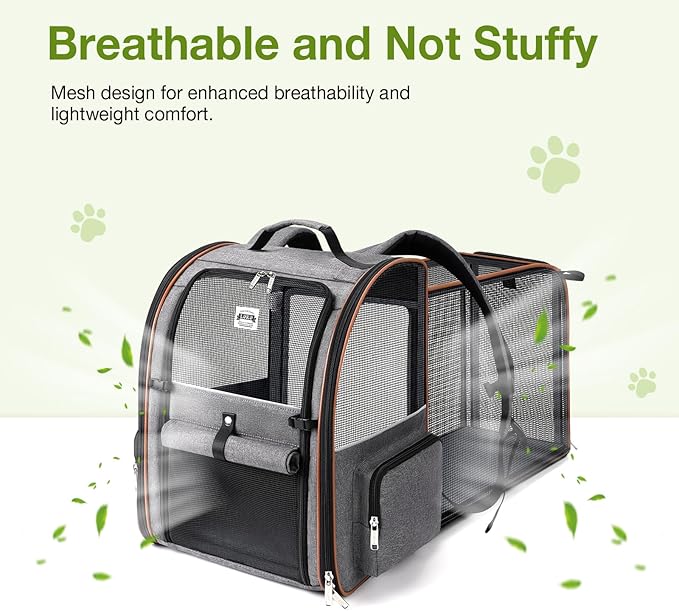 Lekebobor Cat Carrier Backpack, Expandable Pet Carrier with Sun Shade & Full Front Opening, Breathable Mesh Backpack for Small Dogs & Medium Cats Up to 18 Lbs, Foldable for Hiking, Camping (Grey)