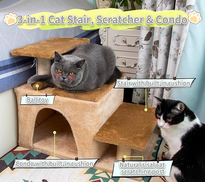 3-in-1 Pet Stairs for Cats for High Bed, Adjustable Dog Steps, Modular 3-Tier, Cushioned Steps & Big Cat Condo, Adjustable Entrance, Dangling Ball, for Kittens, Senior & Fat Cats (Beige, Large)