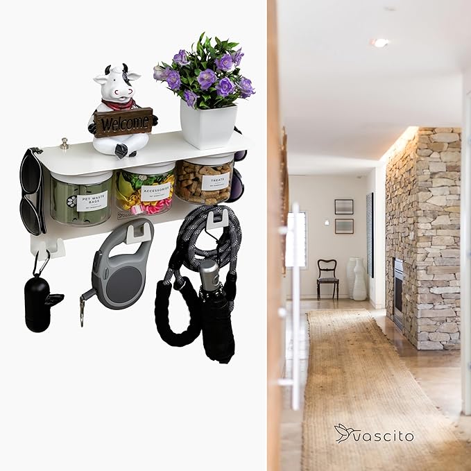 Dog Treat Holder For Wall Storage For Pets, Premium Pet Wall Organizer, Includes Three 16oz Airtight Dog Treat Jars, 3 Sets of Triple Hooks, Sturdy Shelf in Designer White