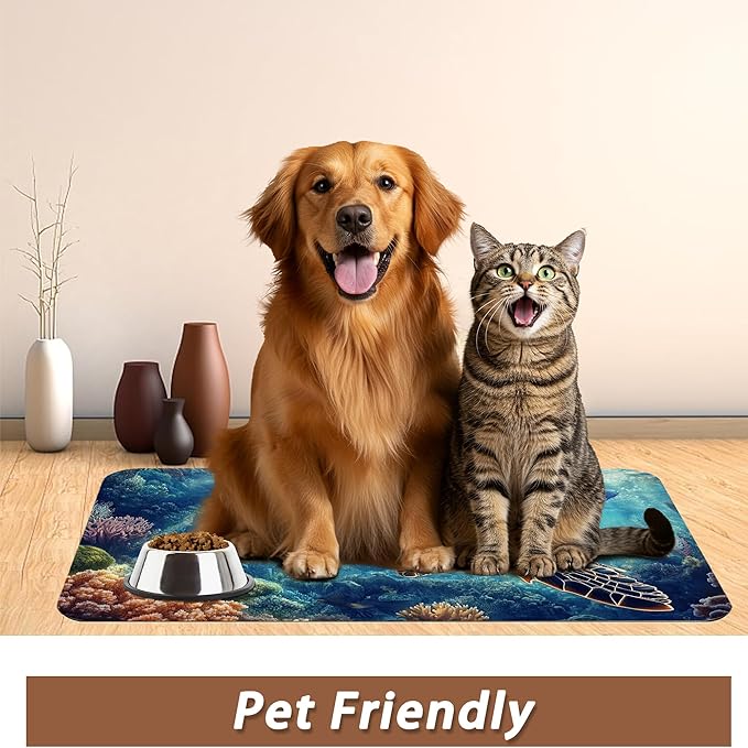 Turtle Dog Cat Food Mat,Coral Fish Absorbent Pet Feeding Mat for Food and Water,Non-Slip Dog Bowl Mats Floor Protector 16"x24"