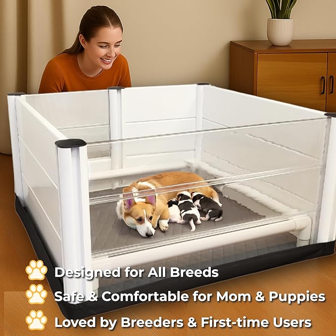 Whelping Box for Dogs and Puppies with Clear Window Panel – Modular, Easy-Clean, Safe Design with Pig Rail, Floor Liner & Washable Pad | UC Barkley Premium 48 Inch