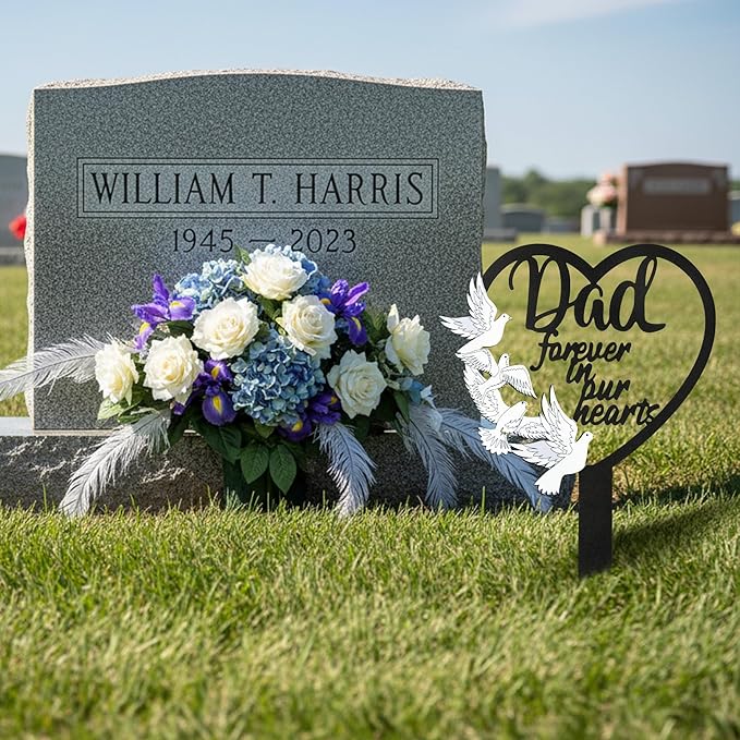 BUoonyer Stake Graves Cemetery Decorations - Dad Metal Memorial Grave Markers, Father Heart Graveyard Sympathy Plaque, Dove Remembrance Graveside Burial Decor Sign for Outside Yard Garden