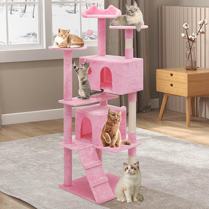 Athena Collection 70 Inch Cat Tree for Indoor Cats, Multi-Level Activity Center with 2 Condos, Scratching Post & Dangling Ball, Tall Climbing Tower, Pink