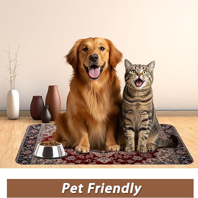 Vintage Carpet Boho Pet Feeding Mat,Absorbent Quick-Dry Cat Dog Food and Water Bowl Mats,Non-Slip Rubber Backing Mat,Cat Dog Accessories Supplies 12"x20"