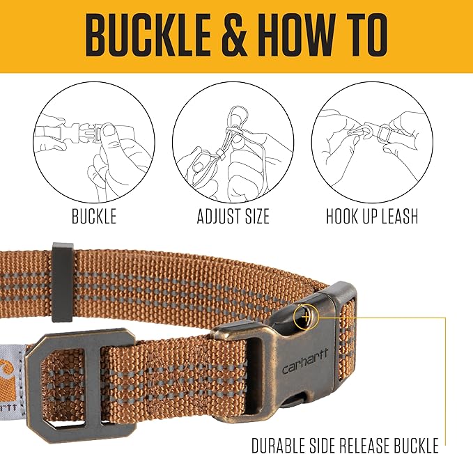 Carhartt Fully Adjustable Nylon Webbing Collars for Dogs, Reflective Stitching for Visibility, Black (Nylon Webbing), Large