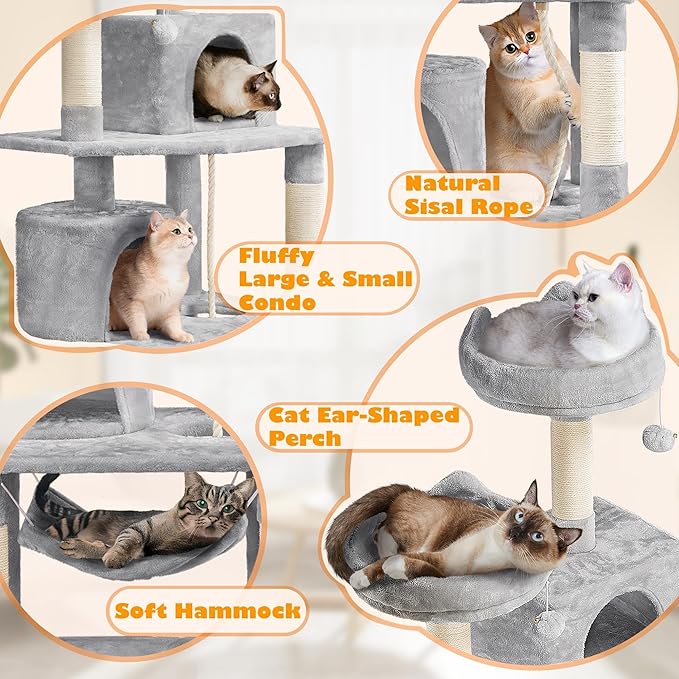 Yaheetech 62.5inches Cat Tree Cat Tower Cat Condo with Platform & Hammock, Scratching Posts for Kittens Pet Play House with Plush Perch for Indoor Activity Relaxing, Light Gray