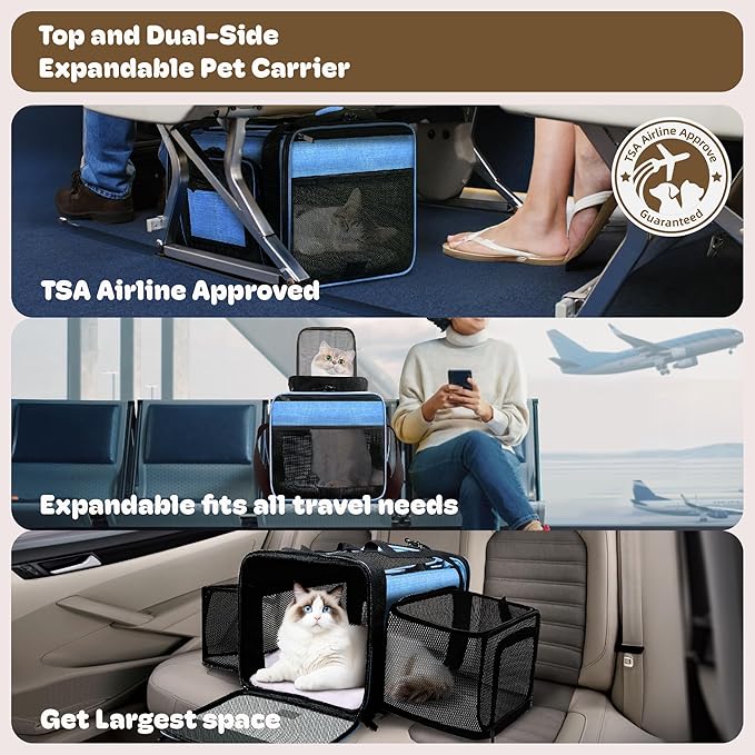 Top and 2 Sides Expandable Cat Carrier 18x11x11, TSA Airline Approved Dog Carriers for Small Dogs, Soft-Sided Pet Carrier with Self-Locking Zippers for Kitten,Rabbit, Puppy, Blue
