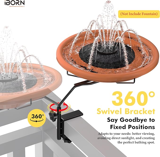 iBorn Bird Bath for Outside,Deck Mounted Bird Bath 12in，Birds Baths for Outdoors with Adjustable Clamp 3.2in，BPA-Free Bowl，360°Swivel & Adjustable Height Bracket，Detachable Birds Baths, Pack of 1