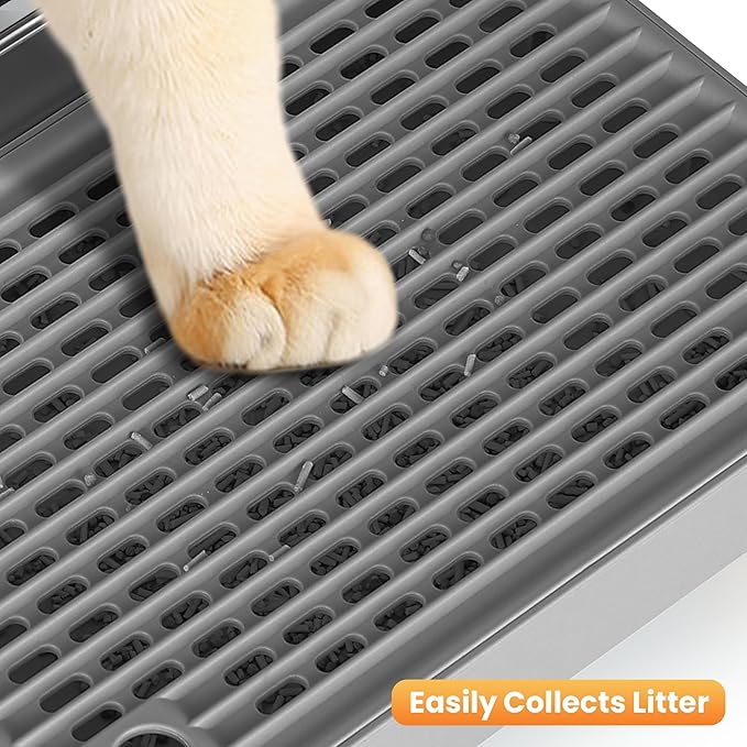 Litter Box Step, Litter Box Ramp/Catcher with Wooden Base, Anti-Tracking & Easy to Clean, Ideal for Small & Elderly Cats (Dark Gray)