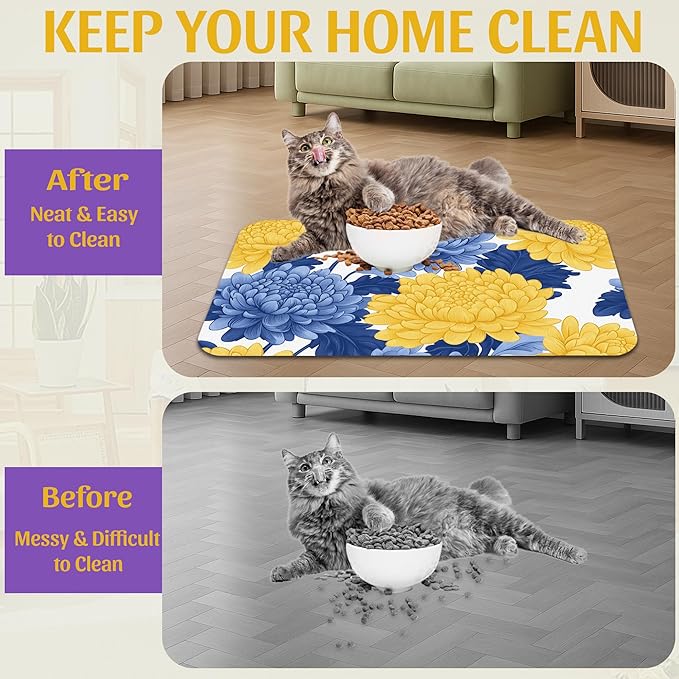 Blue Yellow Flowers Pet Feeding Mat, Quick Dry Absorbent Water Bowl Mat for Dogs and Cats, Anti-Slip Bottom, Indoor Use – 16x24 Inch