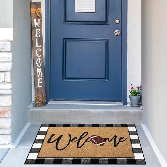 Tinideya 2 Pcs Door Mat Welcome Non Slip Coir Mats Floor Layering Doormats Seasonal for Front Porch Entryway Decor(Football)