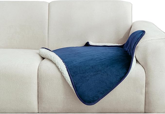gogobunny Waterproof Pet Blanket for Small Dogs and Cats, Reversible Sherpa Fleece Soft Plush Throw for Couch Protection, Washable Furniture Protector (Navy Blue, 30x30 inches)
