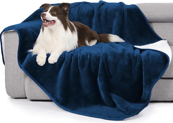 gogobunny Waterproof Bed Blanket, Reversible Sherpa Fleece Throw Blanket for Dog Puppy Cat, Furniture Cover Protects Bed Couch Sofa from Liquid Pee and Pet Fur (Navy Blue, 90x90 inches)