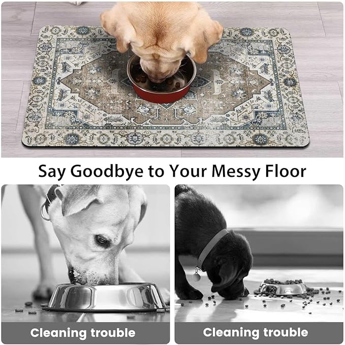 2 Pack Dog Food Mats for Floors, Absorbent and Quick-Drying Pet Cat Food Mat,Anti-Fouling and Easy-to-Clean Pet Feeding Mat,Dog Bowl Mat for Messy Drinking Water Bowls.12 x20+18"x24", Bohemia Style