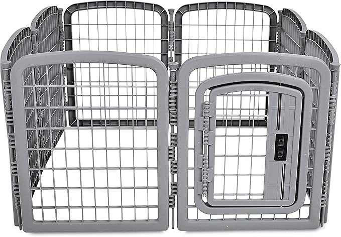 Amazon Basics 8-Panel Octagonal Plastic Dog Playpen, Indoor/Outdoor Pet Fence with Gate, Exercise Pen for Puppies and Small Animals, 28 inches, Grey