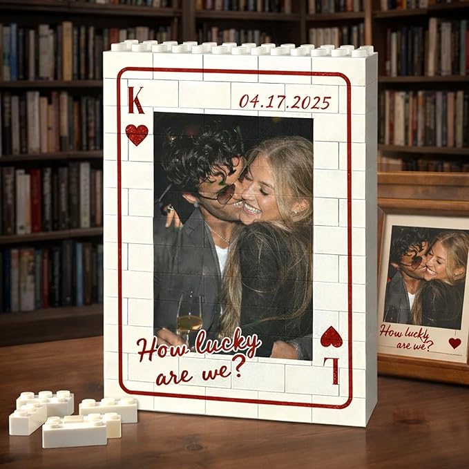 NAZENTI Custom Photo Building Block Gifts for Anniversary, Personalized Couple Playing Card Puzzle Blocks, Valentines Day Gifts for Boyfriend, Romantic Home Decor for Him, Picture Memory Desktop