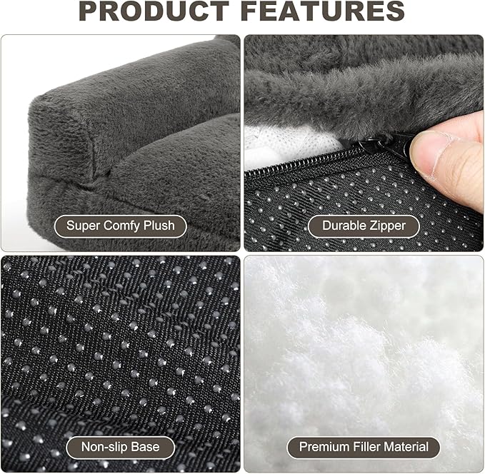 Plush Cat Couch Bed - Cat Bed for Indoor Cats, Dog Sofa Bed, Short Rabbit Fleece Calming Pet Couch with Removable Cover, Anti-Shedding Pet Sofa for Small/Medium Pets (26×18×12in, Dark Grey)
