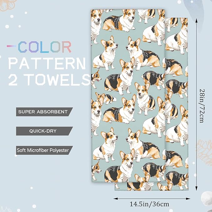 Cute Corgi Hand Towels - 2 Pack, 14.5" X 28",Soft Microfiber Polyester Light Blue Towel Set with Dog-Lover,for Fun Bathroom Kitchen Spa Hotel Decor Gifts Women Girls
